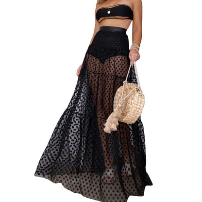 Sexy Beach Skirt Women Cute Dot Dress Bikini Cover Up 2022 High Waist Transparent Long Maxi Skirts Chiffon Femme Swimwear Dress