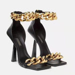 summer women shoes 2022 fashion high heels women&#39;s sexy metal chain square toe women&#39;s sandals plus size