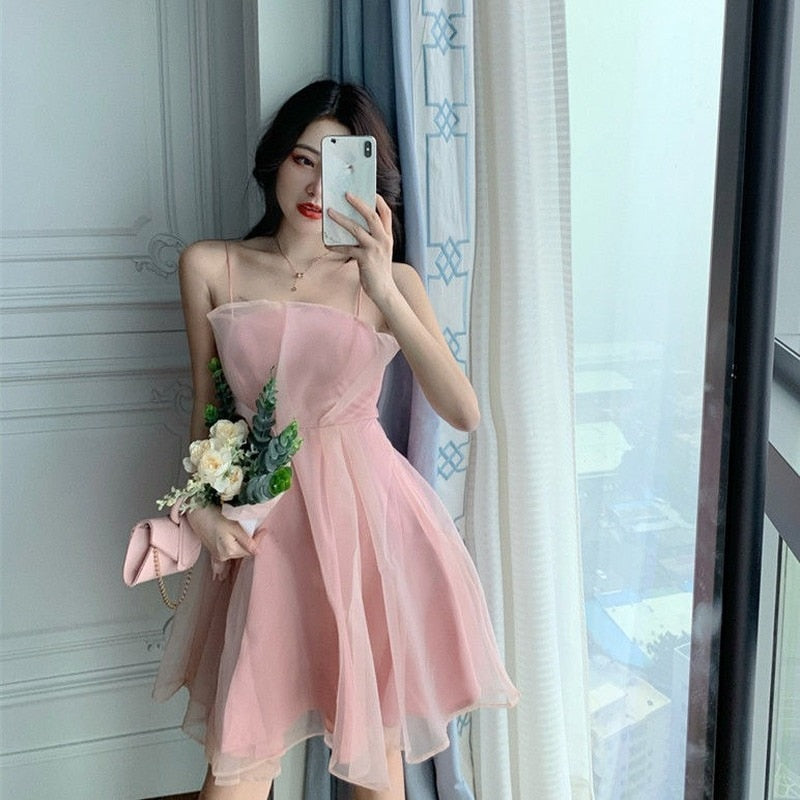 Mesh Sleeveless Mini Dresses Women Summer Elegant Sexy Cute Holidy High Waist A-line Harajukiu Stylish Aesthetic Korean Style