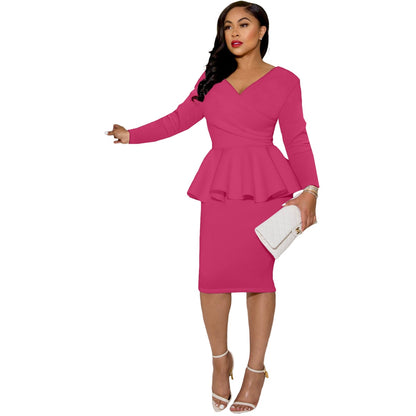 Elegant Office Ruffles Bodycon Dress Women Autumn Fashion Sexy V Neck Long Sleeved Peplum Dress Ladies Casual Party Midi Dress