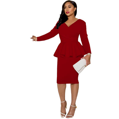 Elegant Office Ruffles Bodycon Dress Women Autumn Fashion Sexy V Neck Long Sleeved Peplum Dress Ladies Casual Party Midi Dress