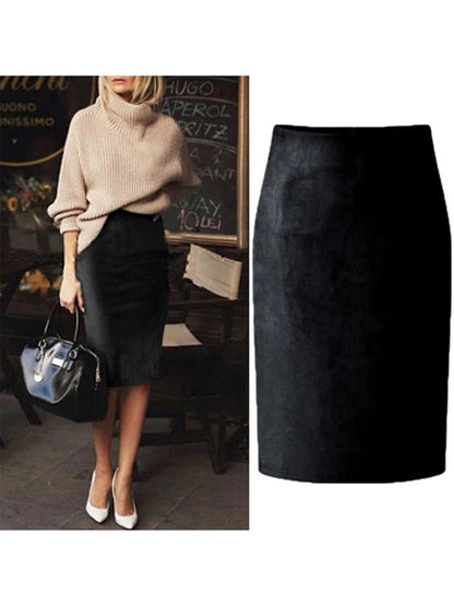 Sexy Multi Color Suede Midi Pencil Skirt Women 2021 Fashion Elastic High Waist Office Lady Bodycon Skirts Saias