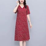 Ice Silk Print Short-sleeved Dress Women&#39;s Stitching   Large Size Mother&#39;s Mid-length Skirt