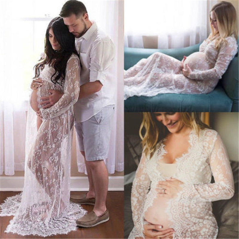 Maternity Photography Dresses See Through Hollow Out Lace Floral Maternity Maxi Dresses Long Sleeve Long Dress For Photo Shoot