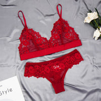 Women&#39;s Ultra-thin Cup Bra &amp; Brief Sets Mesh Lace Underwear Set Transparent Beauty Back Hollow Embroidery Lingerie Set
