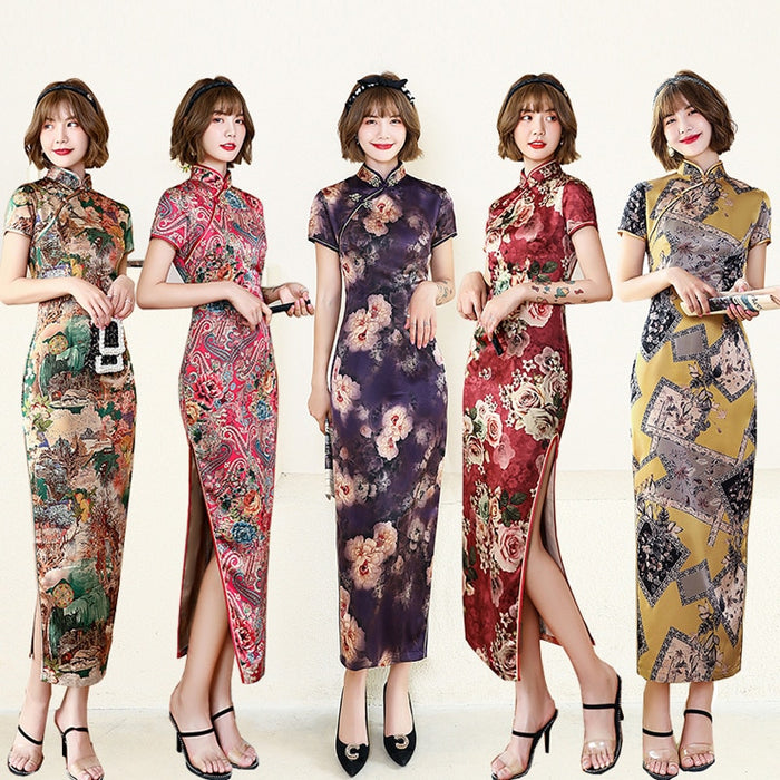 Chinese Traditional Classic Long Cheongsam Slim Slik Satin Vintage Long Dress modern plus size Qipao Women Cheongsam 4XL 5XL 6XL