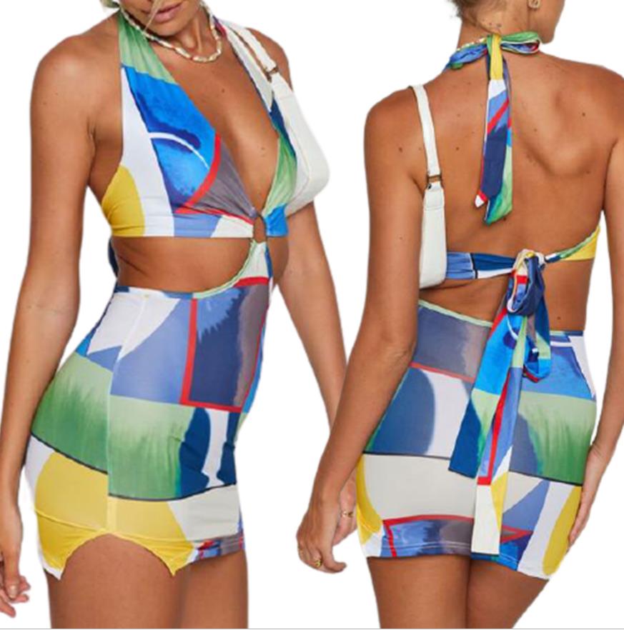 Sexy Geometric Print Two Pieces Skirts Suits Womens Clubwear Halterneck Wrap Crop Tops Mini Bodycon Skirt Party Streetwear S-XL