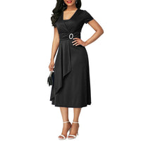 Elegant Women Solid Color Short Sleeve V Neck Asymmetric Hem Waist Tight Midi Party Dress Ladies Evening Vestidos
