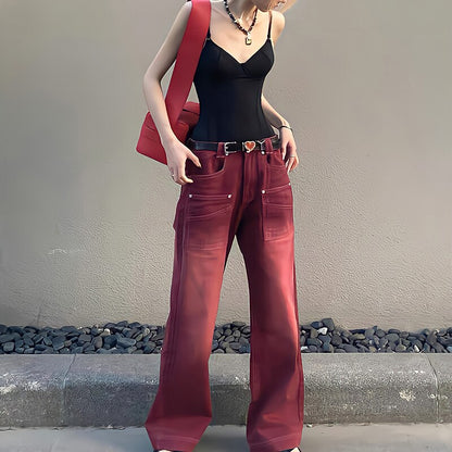 Boyfriend Style Streetwear Baggy Jeans Women Denim Trousers High Waist Y2k Vintage Washed Distressed Wide Leg Mopping Red Pants