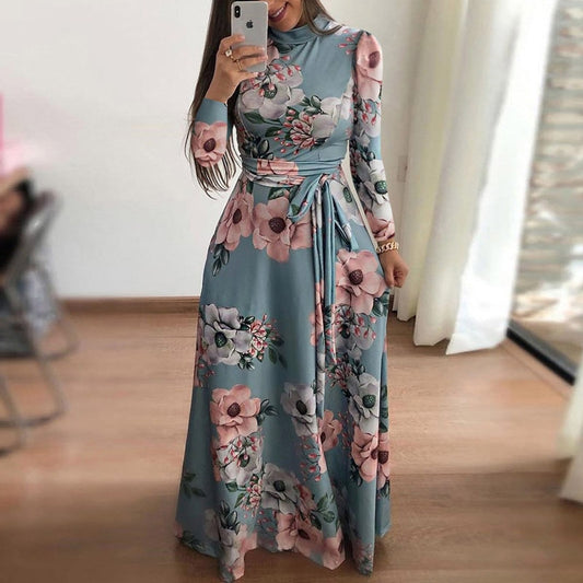 Women Elegant Long Sleeve Flower Print Long Dress Women Casual Slim Sashes O-neck High Waist Robe Party Maxi Vestidos