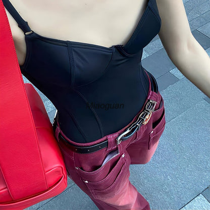 Boyfriend Style Streetwear Baggy Jeans Women Denim Trousers High Waist Y2k Vintage Washed Distressed Wide Leg Mopping Red Pants