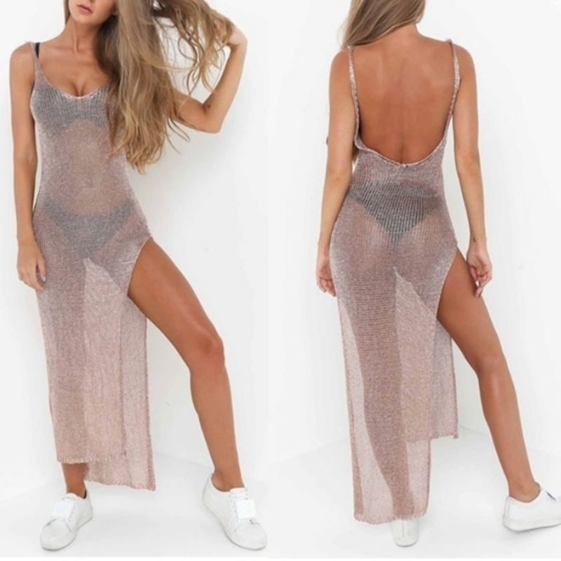 Women Sexy Summer Sunscreen Sheer Mesh Bikini Cover Up Metallic Solid Color Backless High Slit Beach Club Party Sleeveless Dress