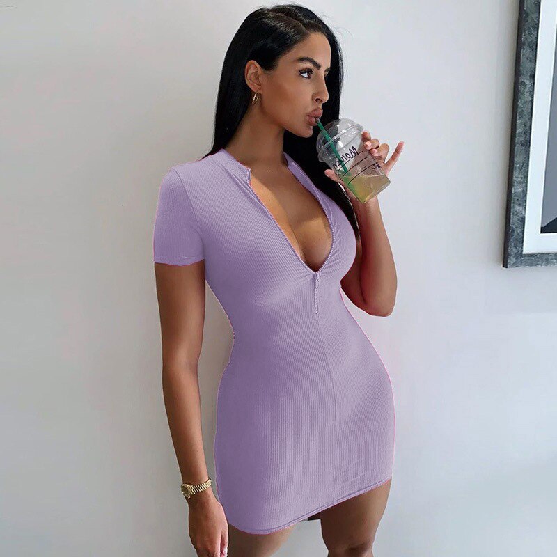 Women Fashion Bodycon Mini Party Dress High Collar Short Sleeve Zippers Soild Dresses Ladies Summer Sexy Knitted Pencil Dress