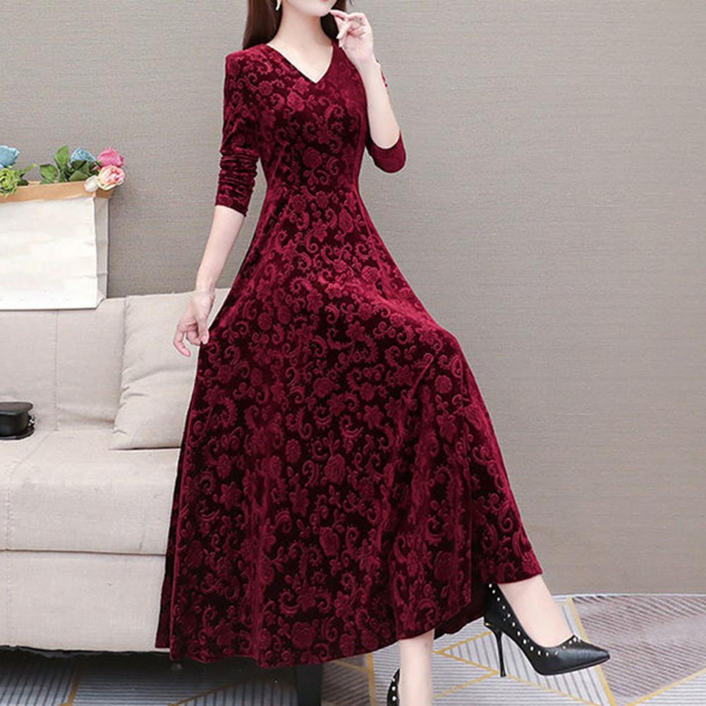 Women&#39;s dress Floral Pattern V Neck robe Spring Elegant Long dresses women Fashion Vestidos for evening dresses