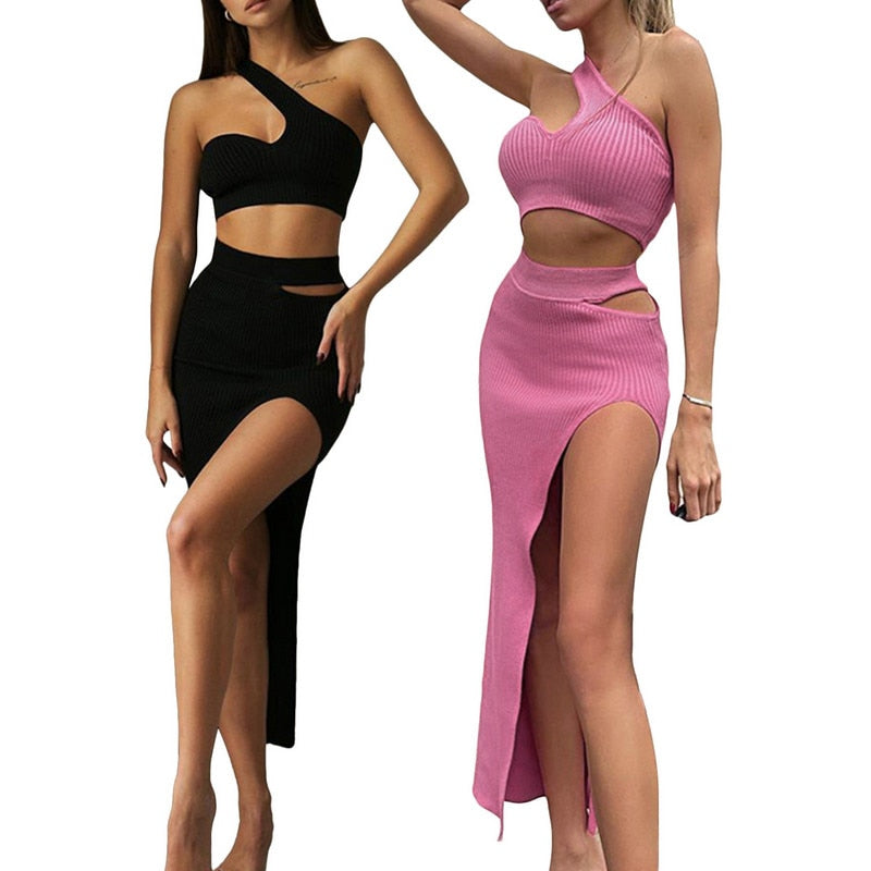 Women Sexy Two-piece Clothes Skirt Sets Summer Solid Color One-shoulder Vest and Slit Skirt Women&#39;s Suits Club Wear