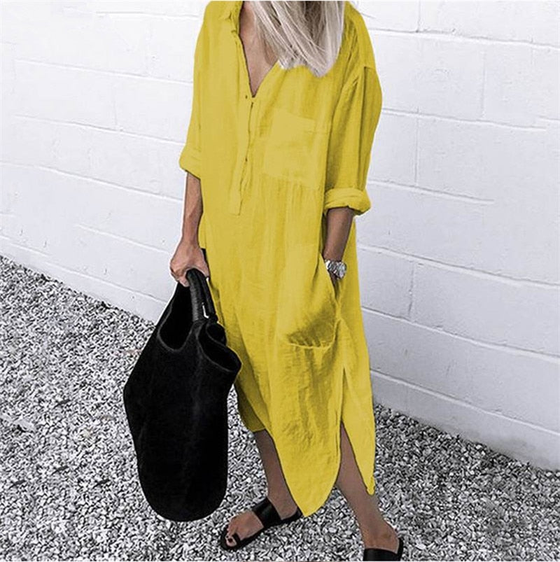 Summer Shirt Long Dress Women Casual Long Sleeve Side Split Button Dresses 2023 Female Elegant Solid Color Pocket Loose Dresses