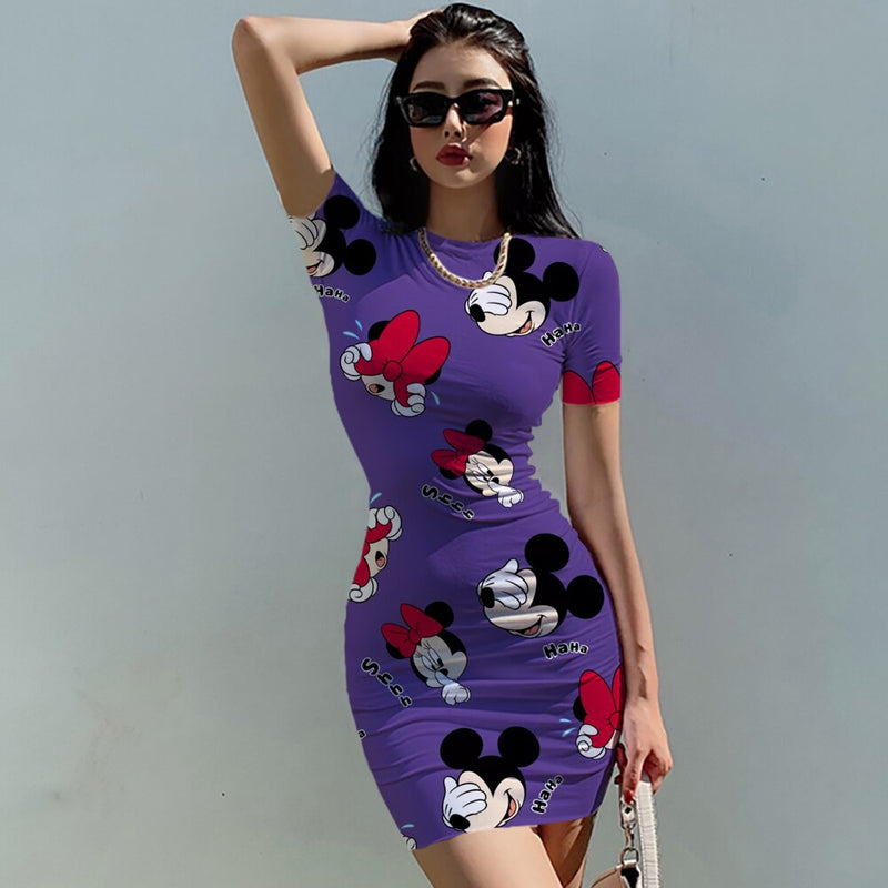 Disney Minnie Mickey Summer Women Elegant Fashion Simple Print Bodycon Pencil Dresses Slim Mini Short Sleeve Casual Sheath Dress