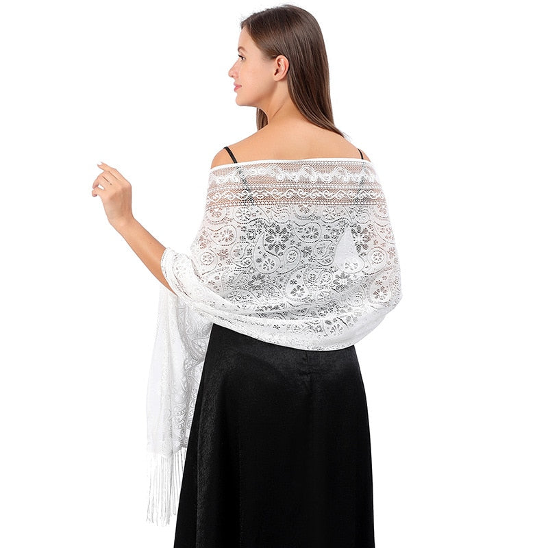 Women Solid Party Evening Lace Shawl Scarf Elegant Lace Sheer Hollow Tassel Scarves Wraps Foulard Femme Mesh Yarn Wedding Shawl