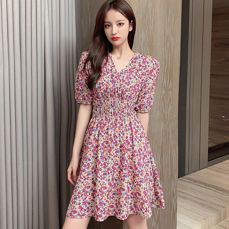 V-Neck Floral Print Dress For Women Spring Summer Fashion Fresh Short Sleeve  Elegant A-Line Dress