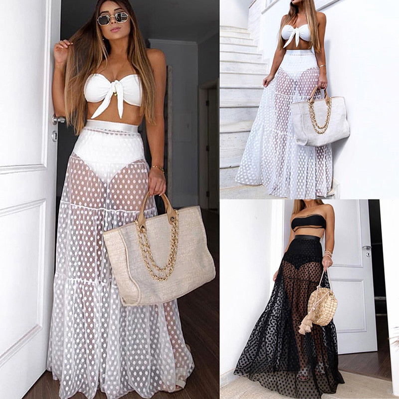 Sexy Beach Skirt Women Cute Dot Dress Bikini Cover Up 2022 High Waist Transparent Long Maxi Skirts Chiffon Femme Swimwear Dress