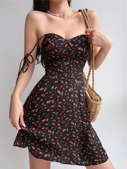 Summer Y2K Retro Floral Strap Bow Black Dress Mini Fashion Aesthetic Club Party Sexy Dresses for Women A-line Outfits