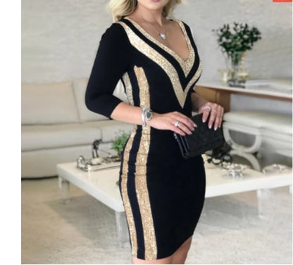 Women Sexy V Neck Long Sleeve Party Dress Striped Tape Bodycon Dress