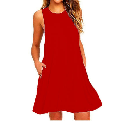 Summer Sundress Women Fashion Sleeveless Solid Color Pocket Loose Party Dress WDC1045