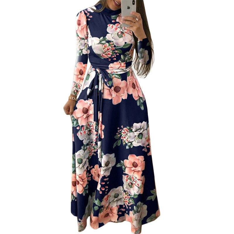 Women Elegant Long Sleeve Flower Print Long Dress Women Casual Slim Sashes O-neck High Waist Robe Party Maxi Vestidos