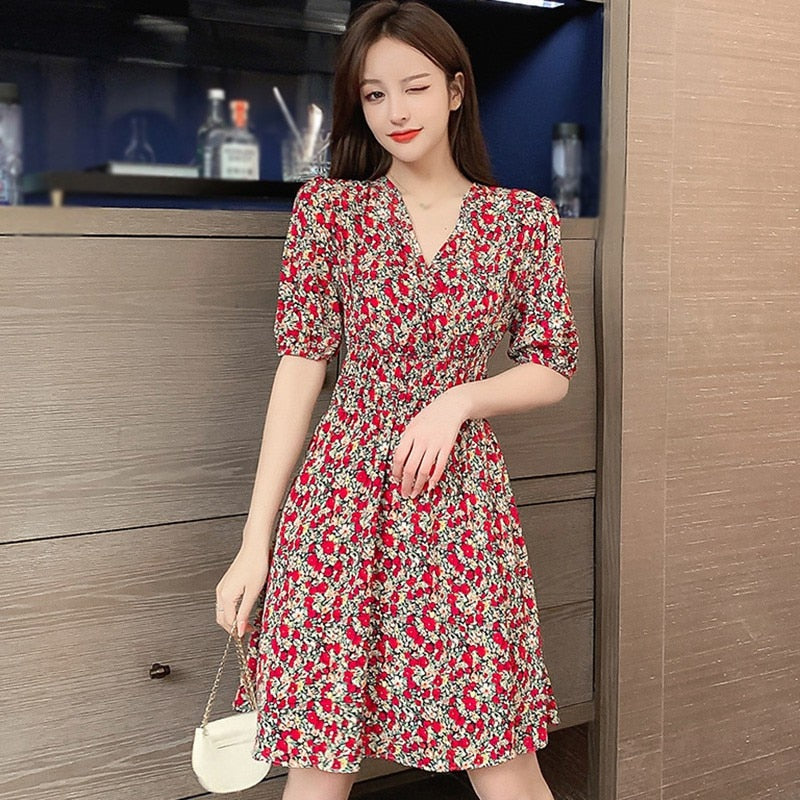 V-Neck Floral Print Dress For Women Spring Summer Fashion Fresh Short Sleeve  Elegant A-Line Dress