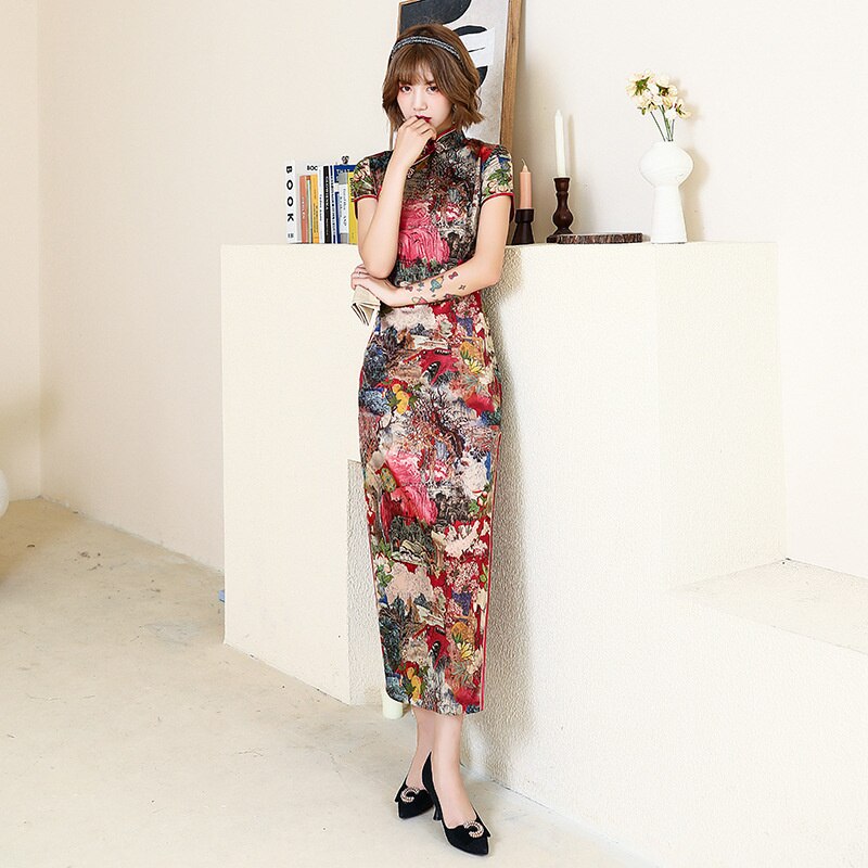 Chinese Traditional Classic Long Cheongsam Slim Slik Satin Vintage Long Dress modern plus size Qipao Women Cheongsam 4XL 5XL 6XL