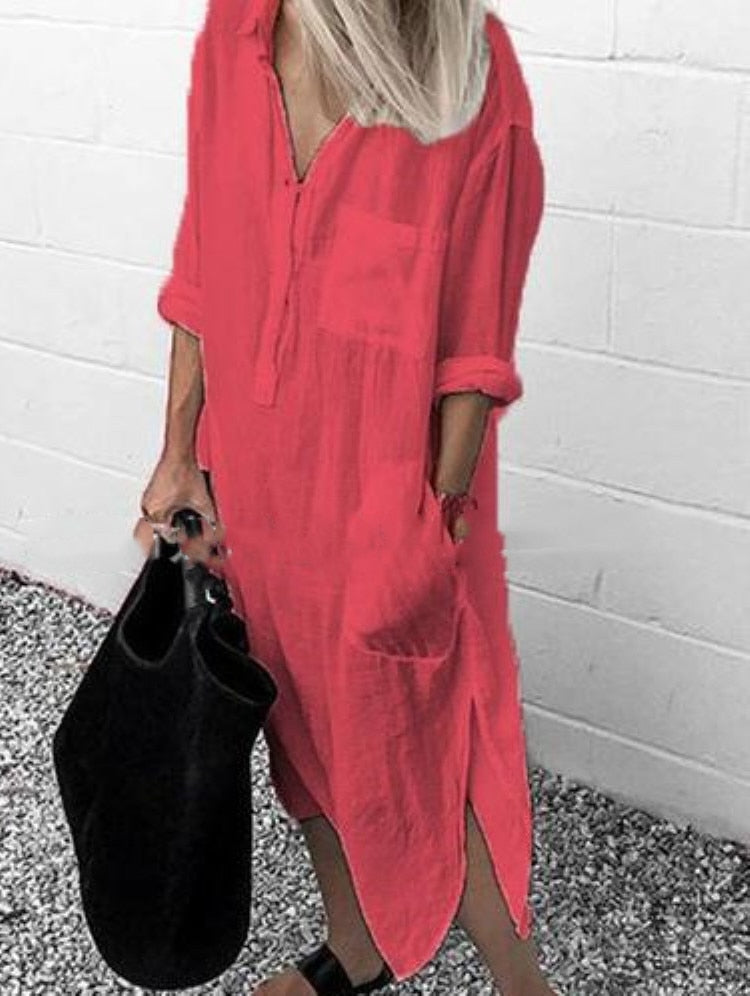 Summer Shirt Long Dress Women Casual Long Sleeve Side Split Button Dresses 2023 Female Elegant Solid Color Pocket Loose Dresses