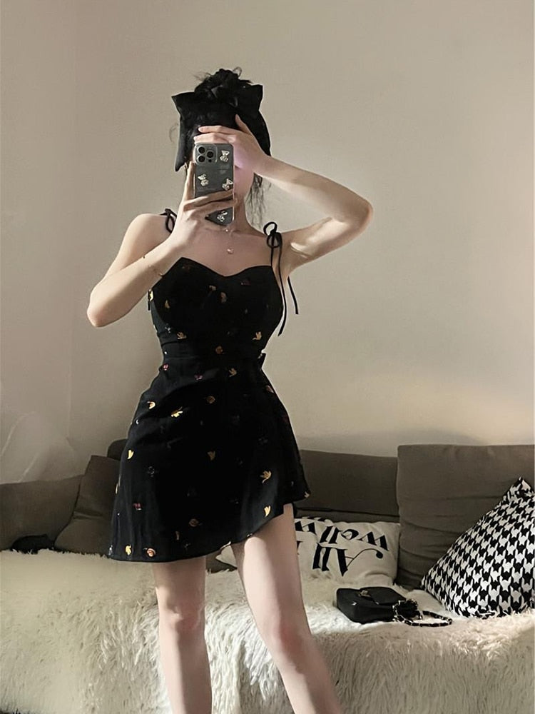 Summer Y2K Retro Floral Strap Bow Black Dress Mini Fashion Aesthetic Club Party Sexy Dresses for Women A-line Outfits