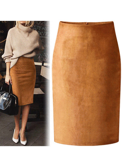 Sexy Multi Color Suede Midi Pencil Skirt Women 2021 Fashion Elastic High Waist Office Lady Bodycon Skirts Saias