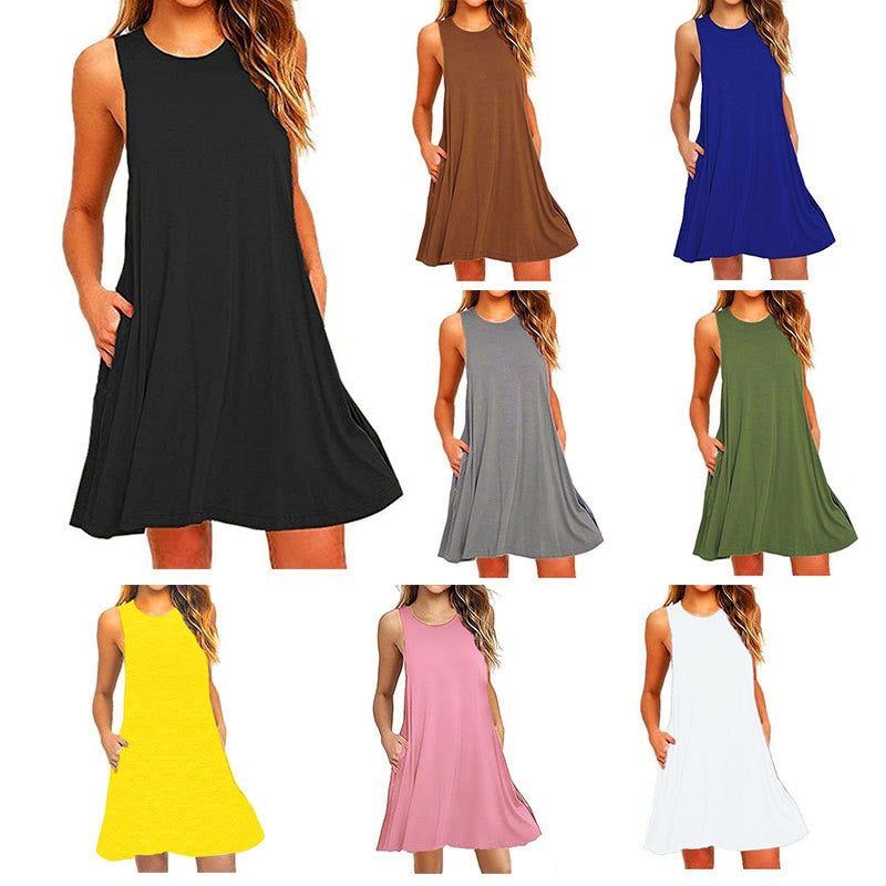 Summer Sundress Women Fashion Sleeveless Solid Color Pocket Loose Party Dress WDC1045
