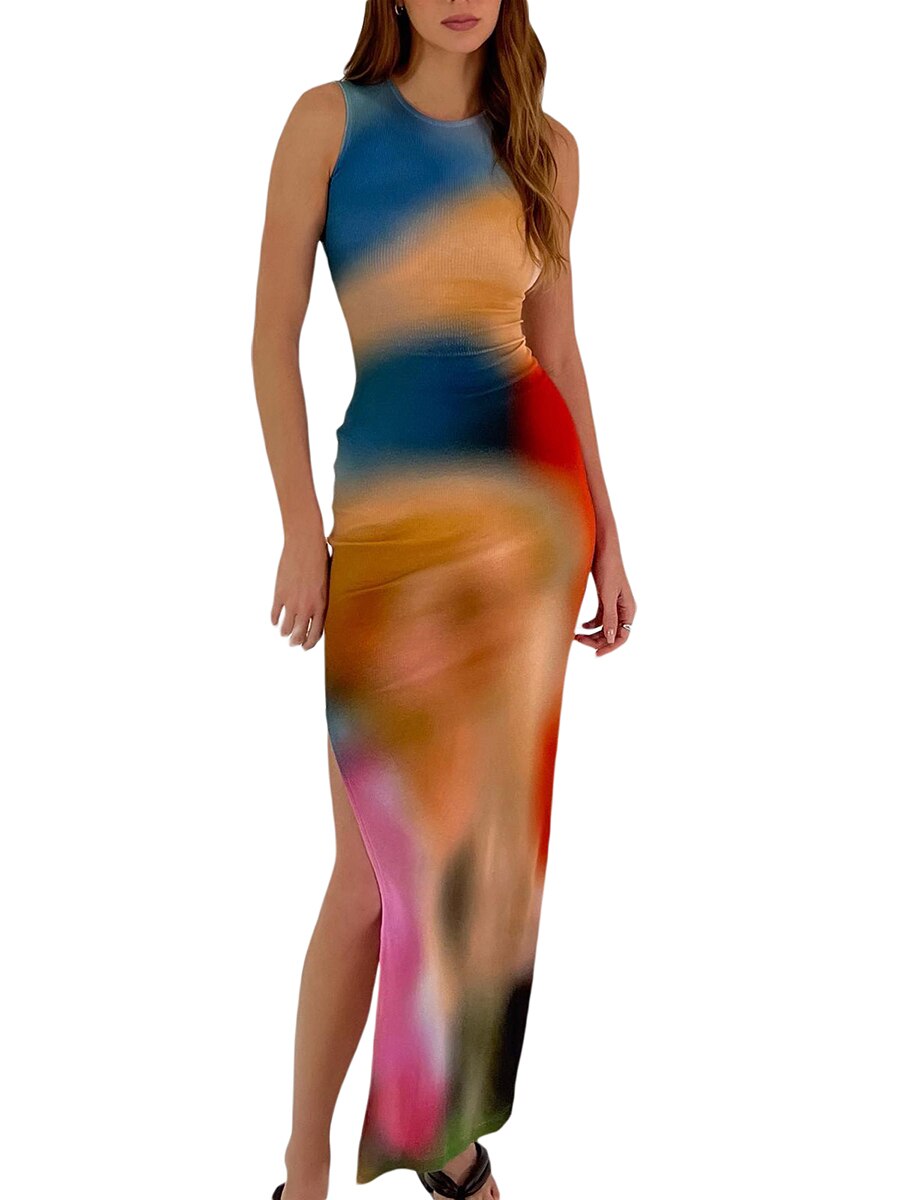 Sexy Sleeveless Backless Summer Maxi Dress Women Tie Dye Print Split Slim Long Dress Elegant Bodycon Party Dresses Vestido