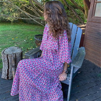 Women Boho Maxi Dress Fashion Lantern Sleeve V Neck Printing Long Dress Summer Holiday Female Ankle-length Party Dress Vestidos