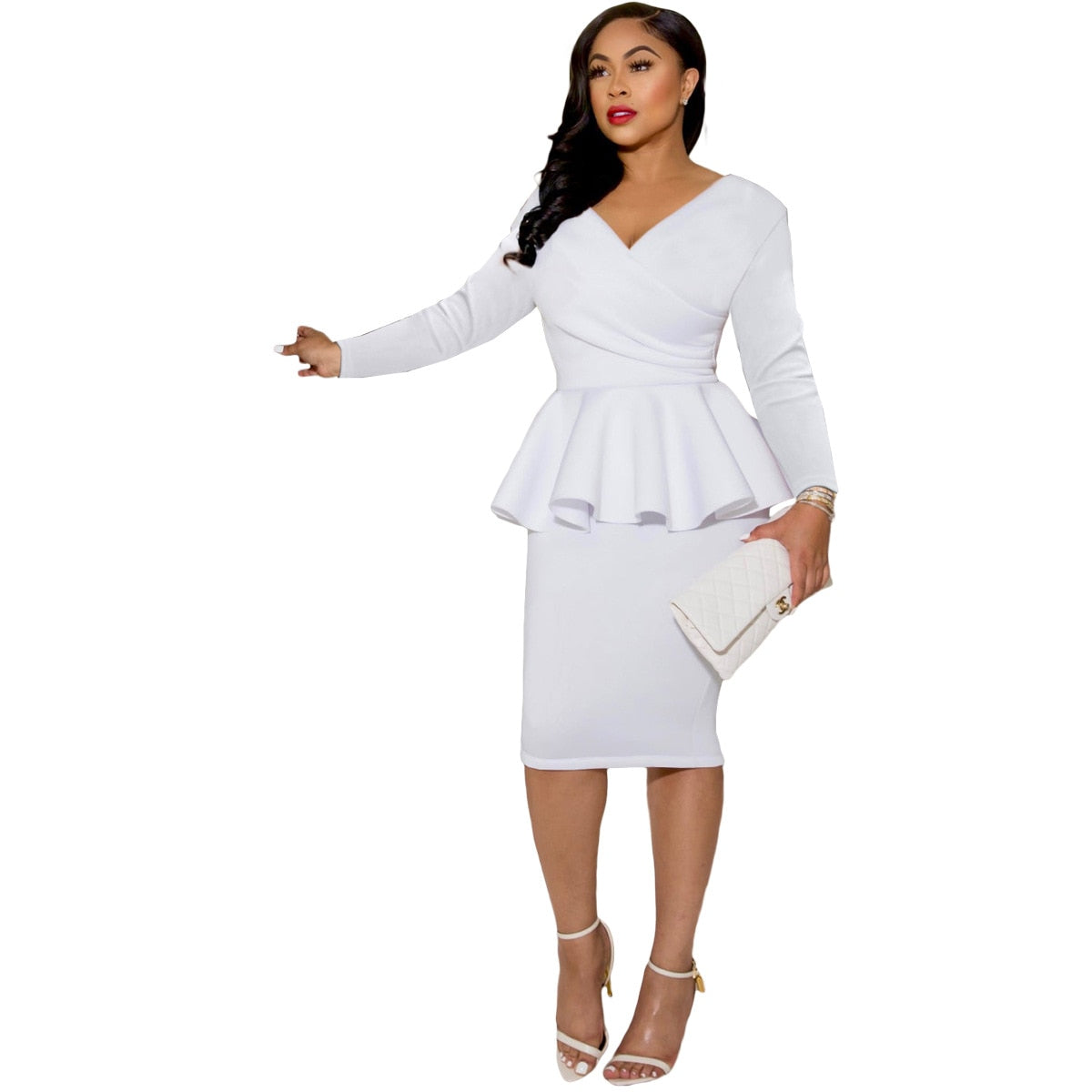 Elegant Office Ruffles Bodycon Dress Women Autumn Fashion Sexy V Neck Long Sleeved Peplum Dress Ladies Casual Party Midi Dress