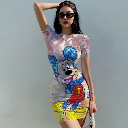 Disney Minnie Mickey Summer Women Elegant Fashion Simple Print Bodycon Pencil Dresses Slim Mini Short Sleeve Casual Sheath Dress