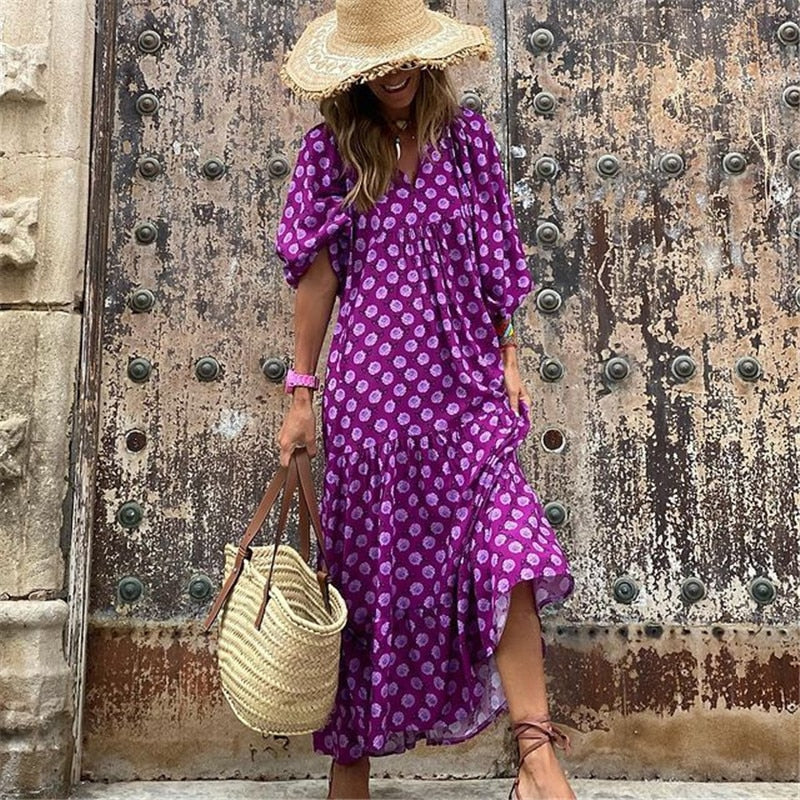 Women Boho Maxi Dress Fashion Lantern Sleeve V Neck Printing Long Dress Summer Holiday Female Ankle-length Party Dress Vestidos