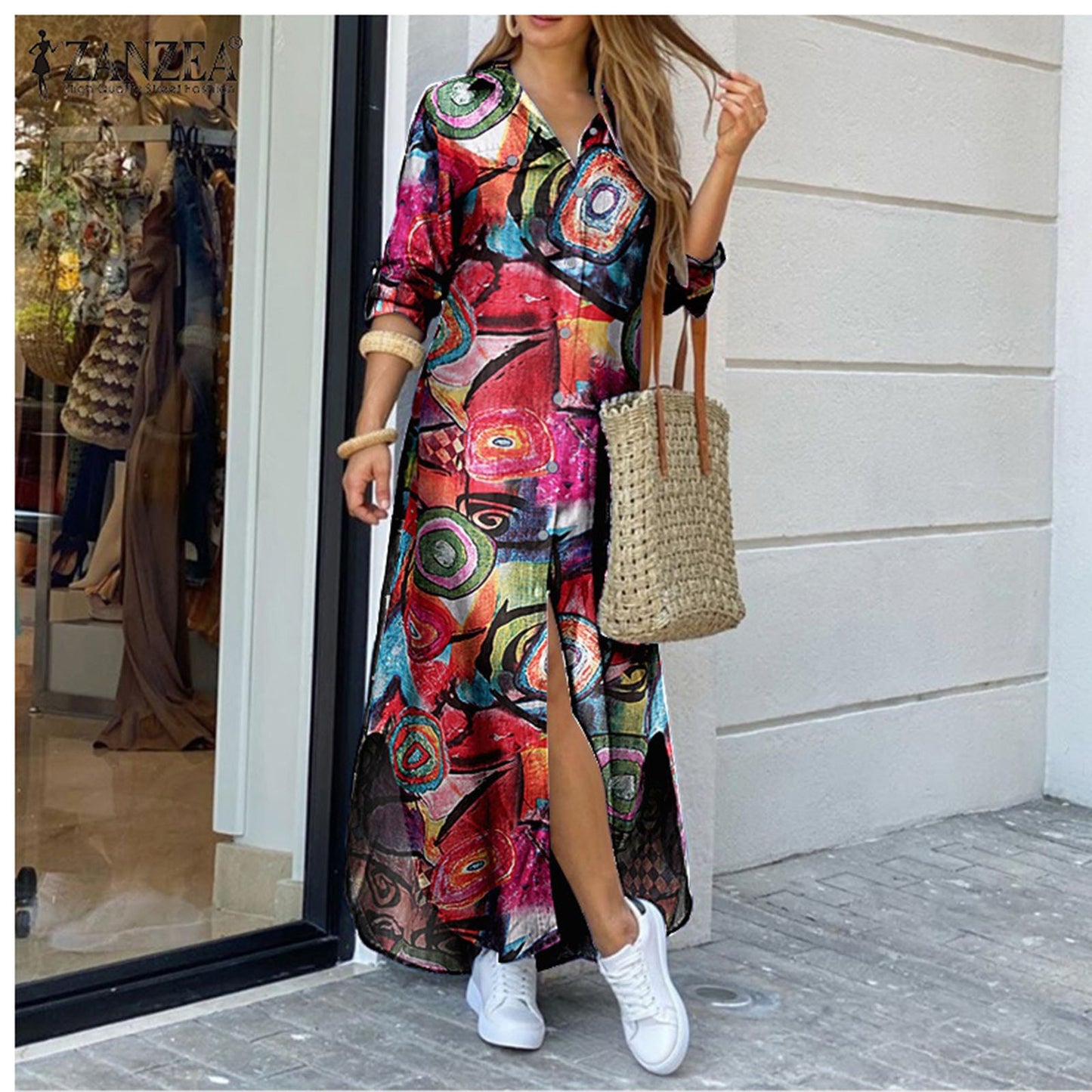 Women Stripe print Long Shirt Dress Fashion Boho Beach Button Big Maxi Dress Spring Summer 2022 New Ladies Letter Oversized Robe