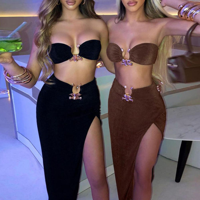 Two-piece Set Sexy Summer Women&#39;s Skirt Suit Backless High Slit Solid Pleated Asymmetrical Split Thigh Maxi Dress for Daily Life