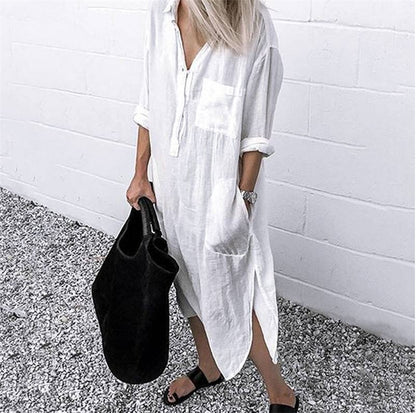 Summer Shirt Long Dress Women Casual Long Sleeve Side Split Button Dresses 2023 Female Elegant Solid Color Pocket Loose Dresses