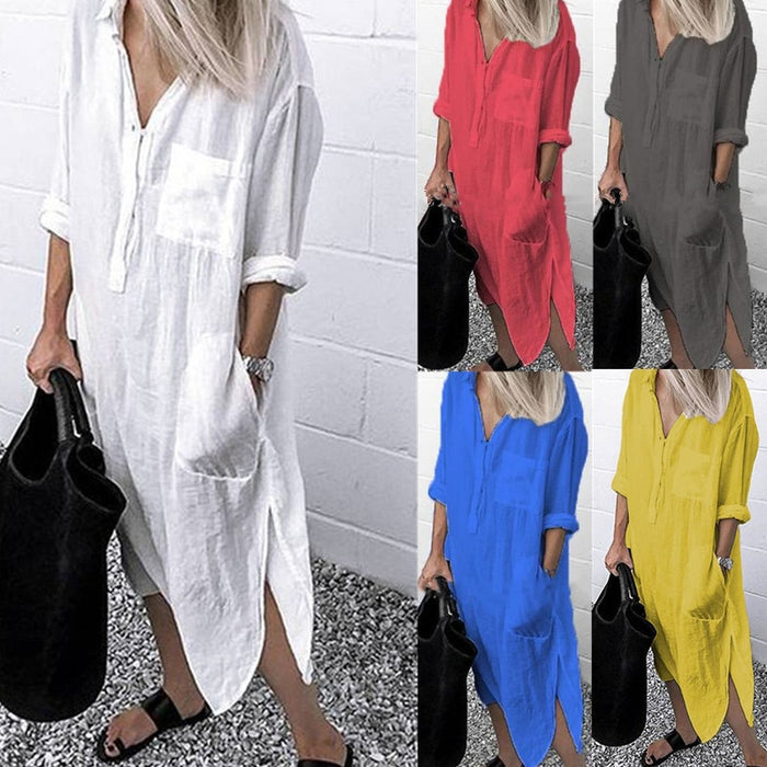 Summer Shirt Long Dress Women Casual Long Sleeve Side Split Button Dresses 2023 Female Elegant Solid Color Pocket Loose Dresses