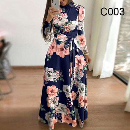 Women Elegant Long Sleeve Flower Print Long Dress Women Casual Slim Sashes O-neck High Waist Robe Party Maxi Vestidos