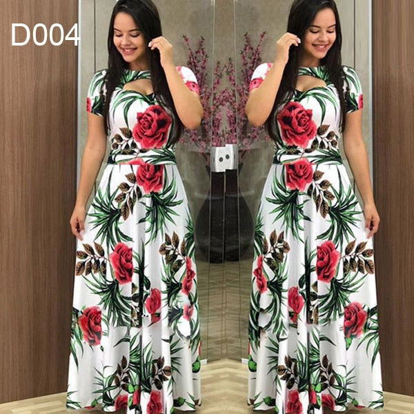 Women Short Sleeve Hollow Out O-neck Long Dress Summer Elegant Floral Printed High Waist Elastic Elegant Boho Robe Maxi Vestidos