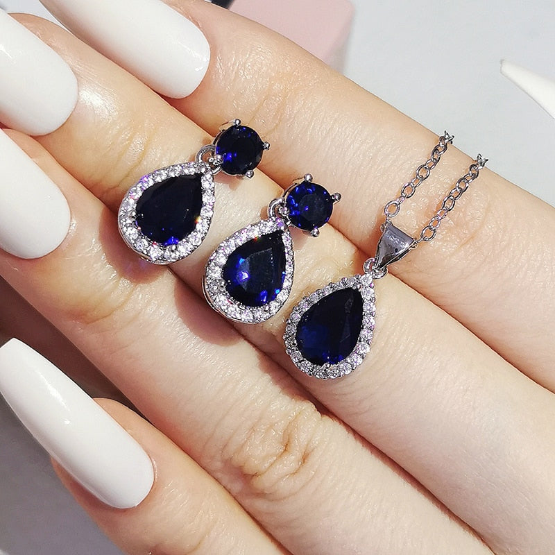 2pcs Pack Trendy Round Crystal silver color bride Jewelry Set For Wedding Drop Earring Necklace Pendant Women Gifts J4749