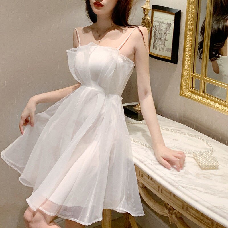 Mesh Sleeveless Mini Dresses Women Summer Elegant Sexy Cute Holidy High Waist A-line Harajukiu Stylish Aesthetic Korean Style