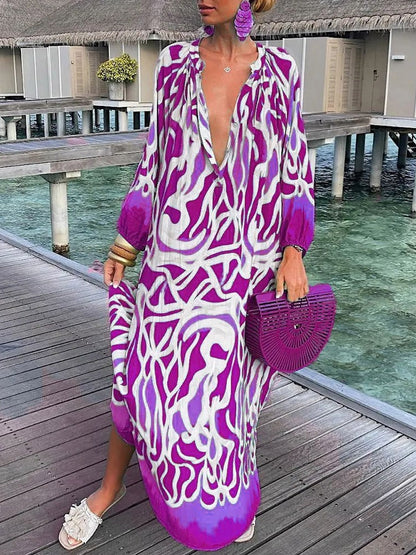 Women Vintage Maxi Dresses 2023 Summer Sexy Deep V-Neck Long Sleeve Boho Print Long Dresses Female Beach Cover Up Elegant Robe