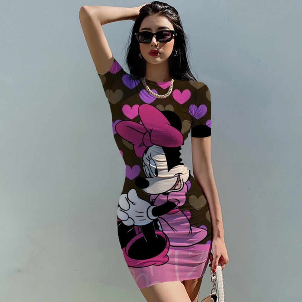 Disney Minnie Mickey Summer Women Elegant Fashion Simple Print Bodycon Pencil Dresses Slim Mini Short Sleeve Casual Sheath Dress