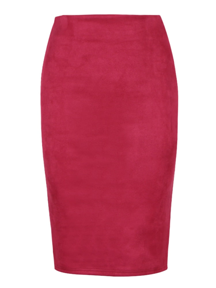 Sexy Multi Color Suede Midi Pencil Skirt Women 2021 Fashion Elastic High Waist Office Lady Bodycon Skirts Saias